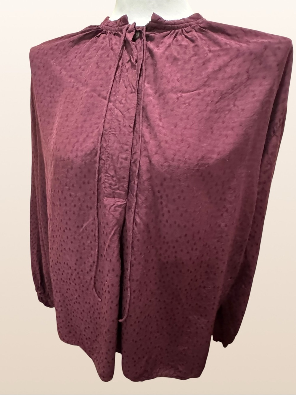 A New Day Burgundy Swiss Dot Tie Neck Blouse Size M